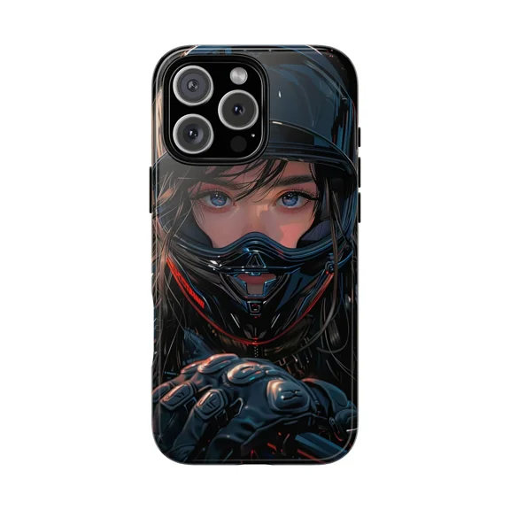 Cyberpunk Anime Rider Girl Helmet Graphic Case iPhone 17 16 15 14 13 12 11 Pro Max