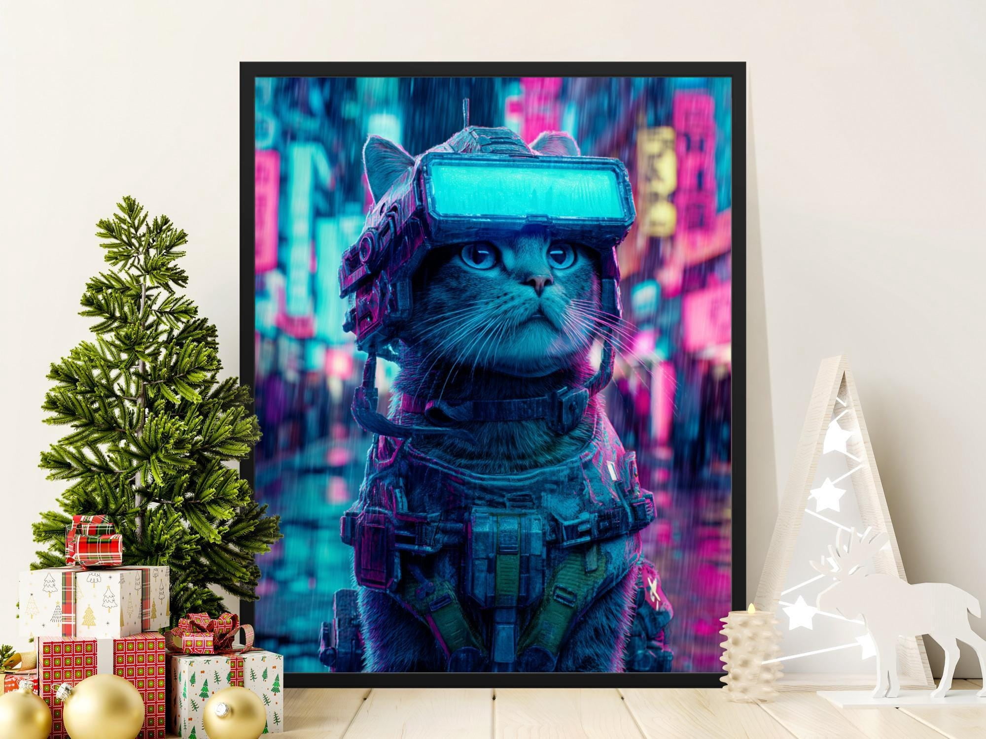 Cyberpunk Cat Print Futuristic Scifi Feline Art Neon Dystopian Wall ...