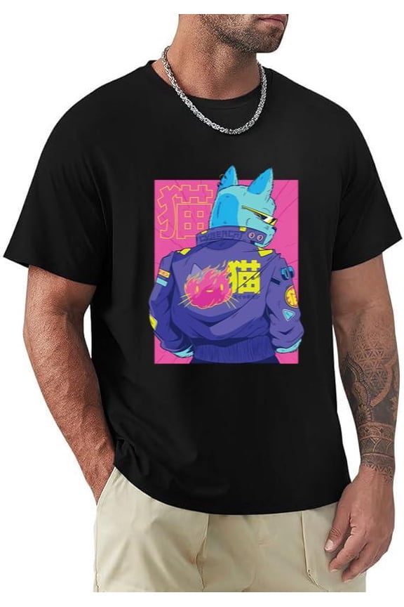Cyberpunk Cat Sci Fi Futuristic Feline Gamer Dystopian Neon Style T-shirt, for men & women, up to size 5XL.