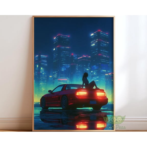 Cyberpunk City Car Retro Night Street Wall Art Print, Unframed Paper Poster 8x10in