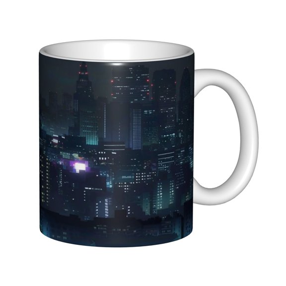 Cyberpunk City Night View Ceramic Coffee Mug, 11oz All-White Coffee Cup with Futuristic Urban Skyline Print, Aesthetic Nightscape Tea Mug for Office