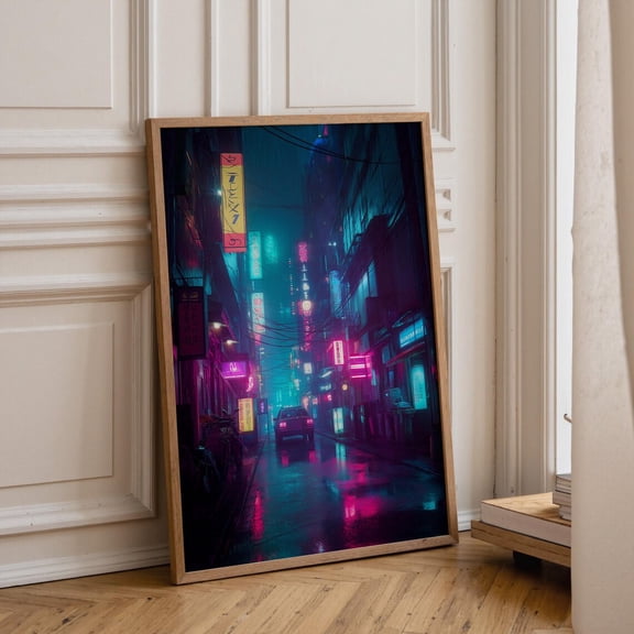 Cyberpunk City Street Neon Night Futuristic Urban Photography Rainy Tokyo Alley Synthwave Aesthetic Decor, Unframed Poster