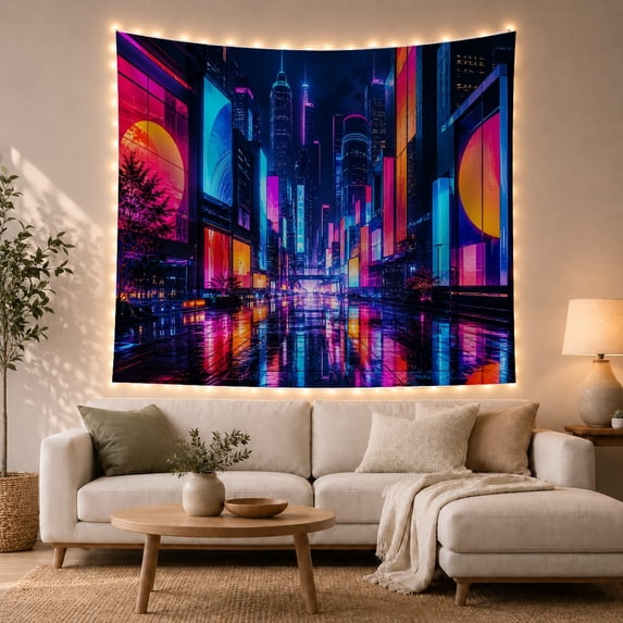Cyberpunk Cityscape with Neon Towers, Energetic Digital Art for Gamers, Urban Wall Art, Housewarming Gift, Tapestry Wall Hanging for Bedroom, Gaming Room and Dorm