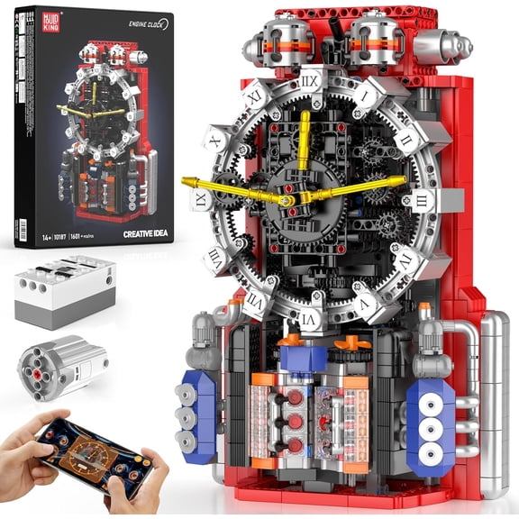 Cyberpunk Clock Building Blocks Set 10187, 1601 PCS App Controlled Engine Clock Model with Battery & Motor, Functional Desk Clock