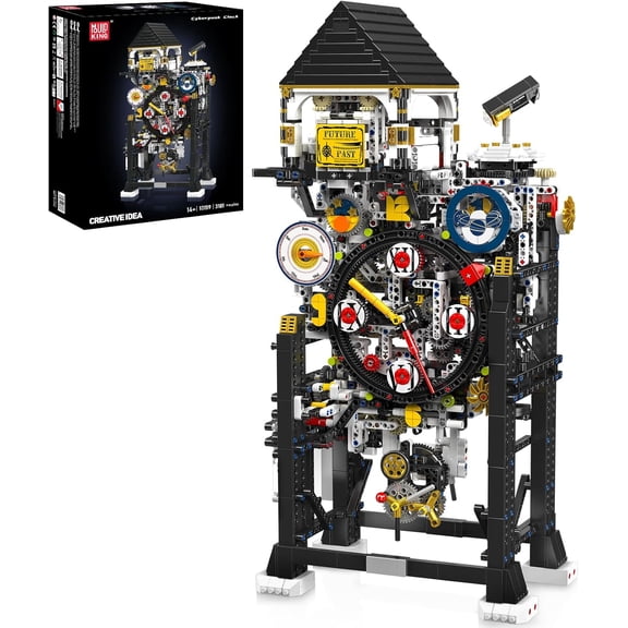 Cyberpunk Clock Building Set, 3181+ Pcs Building Blocks Kits That Run with Chiming Bird & 4 Dials, Electric Alarm Clock Model Kit with Motor, Collectible Building Toys