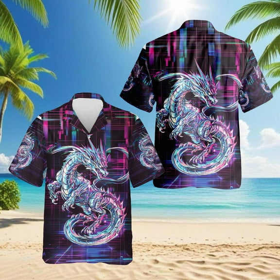 Cyberpunk Dragon Hawaiian Shirt for Men, Button Down Summer Beach Short Sleeve, S-5XL
