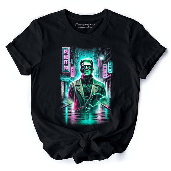 Cyberpunk Frankenstein T‑Shirt, Neon Halloween Monster Tee