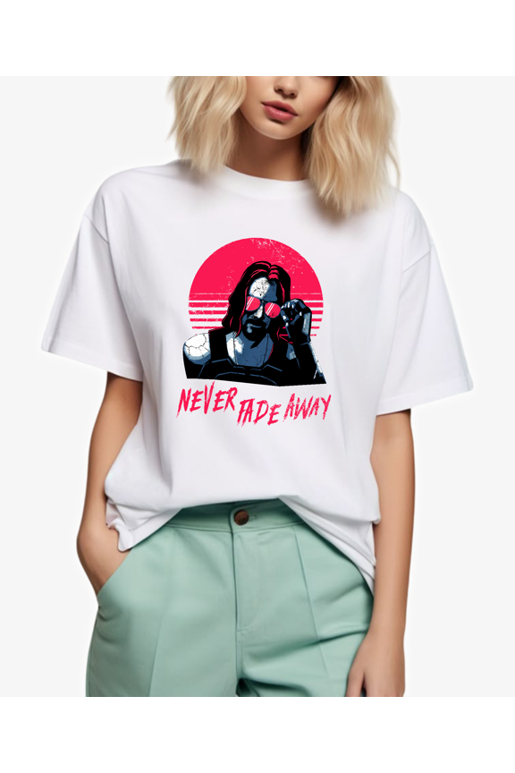 Cyberpunk Future Never Fade Away Inspired Retro Game Style Quote Graphic Unisex T-Shirt V90022, up to size 5XL