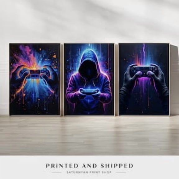 Cyberpunk Gamer Art Set of 3, Vibrant Gaming Wall Art Triptych, Neon Controller and Hooded Gamer Canvas, Cyber Style Wall Decor, Stretched Canvas
