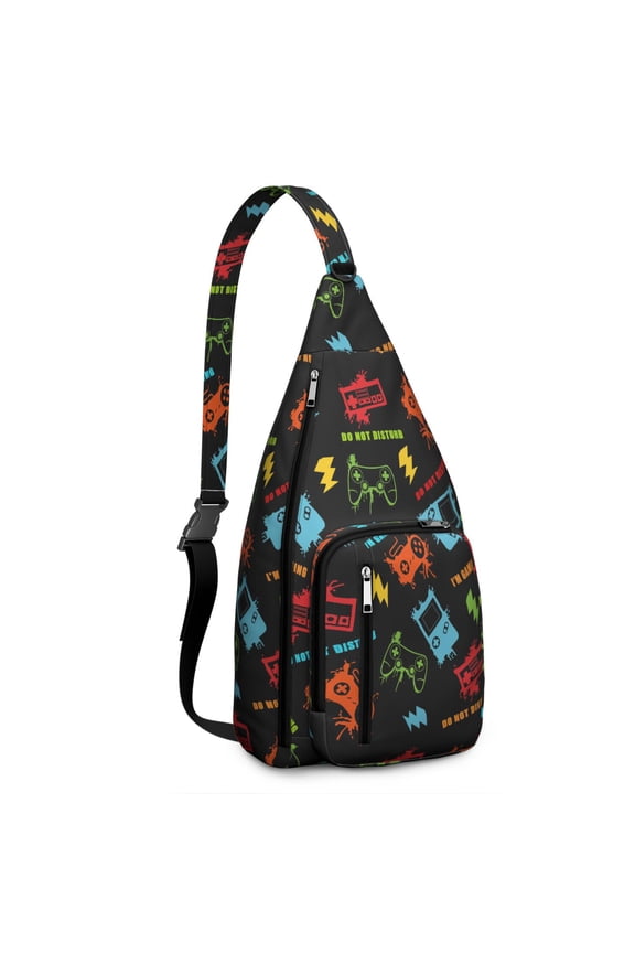 Cyberpunk Gamer Chest Bag&nbsp;- Digital Controller & Button Print Sling Backpack (Level Up Design, Adjustable Strap for Gaming Conventions)