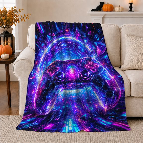 Cyberpunk Gaming Controller Neon, Cozy Friendship Quote Scene, Warm Flannel Blanket for Living Room and Reading Nook, Art Lovers Friendship Gift, Fantasy Home Decor