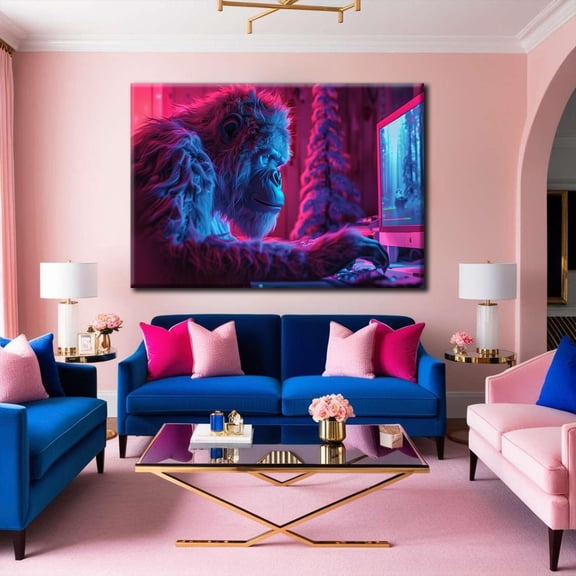 Cyberpunk Gorilla Neon Ape Modern Pink Living Room Decor, Unframed Poster