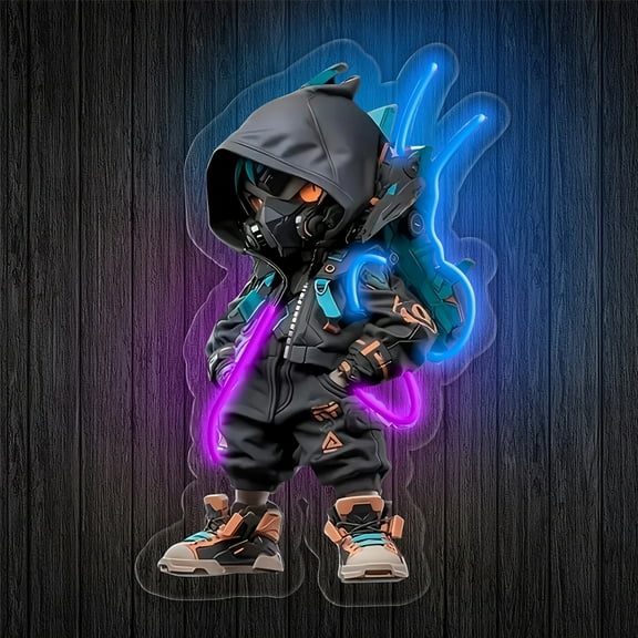 Cyberpunk Mecha Ninja LED Light - USB-powered neon wall decor with a hooded ninja design. Perfect for gaming rooms, bedrooms, or living spaces. No wiring needed, ideal for anime fans.