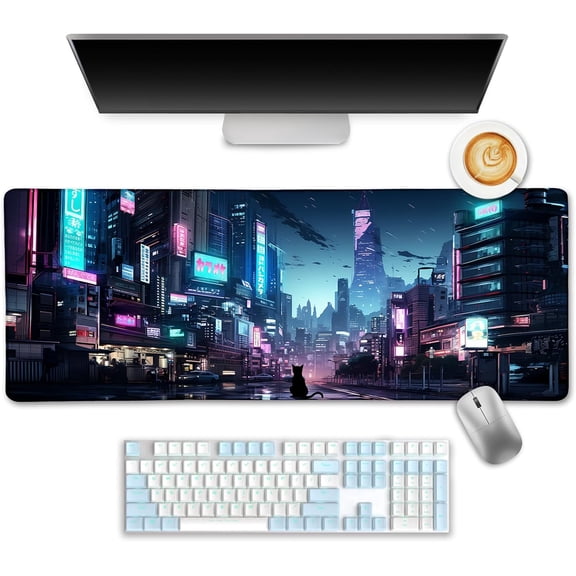 Cyberpunk Mouse Pad, Japanese Anime Cat Desk Mat Desk Pad, Neon Tokyo Extended Gaming Mouse Pads for Desk, Keyboard Mouse Pad for Desktop Computer Laptop Office Work Game Home, 31.5x11.8 in