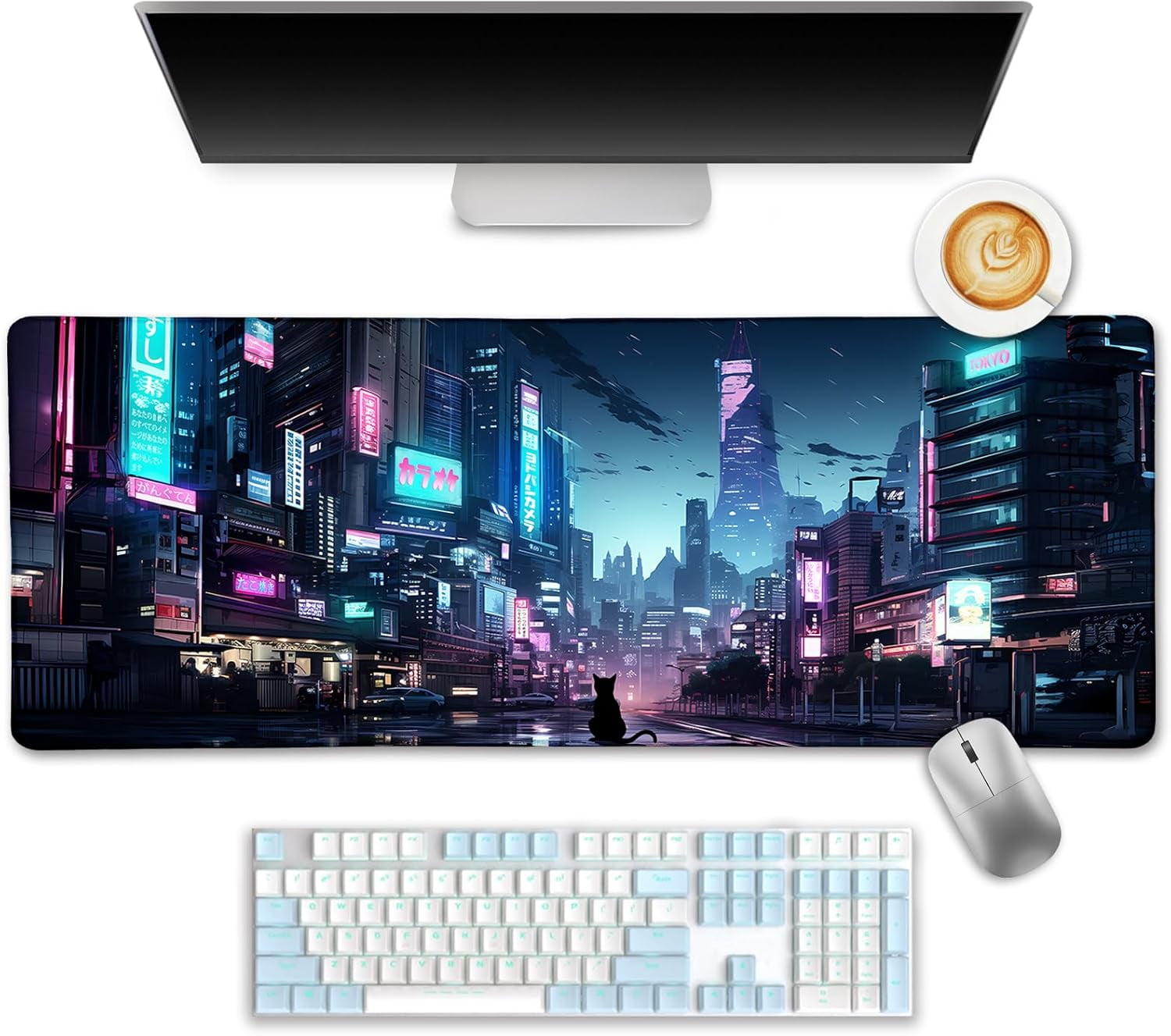 Cyberpunk Mouse Pad, Japanese Anime Cat Desk Mat, Neon Tokyo Extended Gaming Mouse Pads for Desktop Computer Laptop Office Work Game Home, 31.5x11.8 in