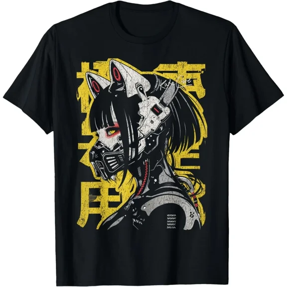 Cyberpunk Neko Girl Masked Warrior Anime Futuristic Catgirl Ninja Unisex T-Shirt, S-5XL