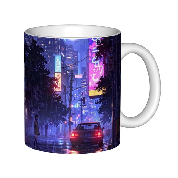 Cyberpunk Neon City Mug 11oz White Ceramic Coffee Cup Rainy Night Anime Aesthetic Vaporwave Tokyo Street Art Tea Mug Gift
