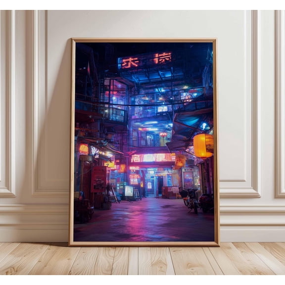 Cyberpunk Neon City Poster – Futuristic Street Scene Wall Art, Urban Night Alleyway Print, Modern Digital Aesthetic Decor