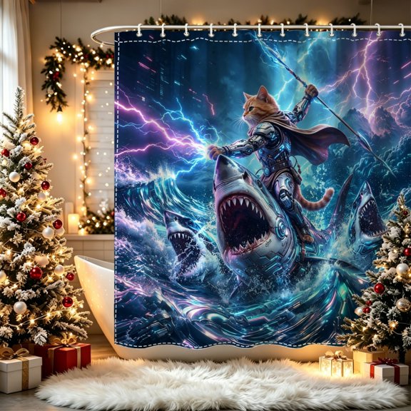 Cyberpunk Neon Cyborg Cat Riding Mechanical Shark Print Shower Curtain (70.8x70.8inch), Futuristic Neon Robot Animal Sci-Fi Cool Bathroom Curtain