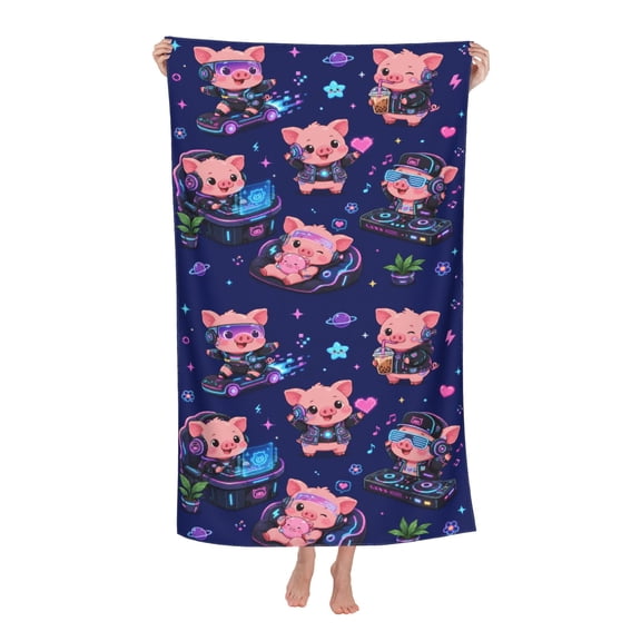 Cyberpunk Neon Glowing Electronic Pig Soft Bath Towels Absorbent Bathroom Towel for Beach Hotel Gym Spa Shower