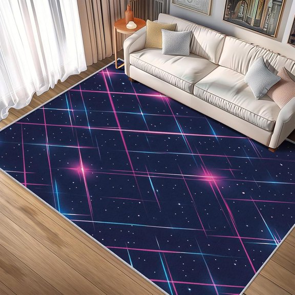Cyberpunk Neon Starry Sky Area Rugs, Futuristic Galaxy Carpet, Washable Non Slip Low Pile Soft Rug for Entryway Living Room Bedroom Decor Mat 5x8ft