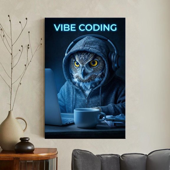 Cyberpunk Owl Programmer Vibe Coding Wall Art Print