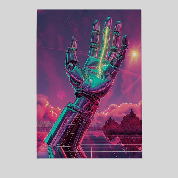 Cyberpunk Robot Hand Wall Art - Neon Retro Futuristic Print - Synthwave Sci Fi Poster - Vaporwave Aesthetic Home Decor Full Size 24''x36'' The Future Box