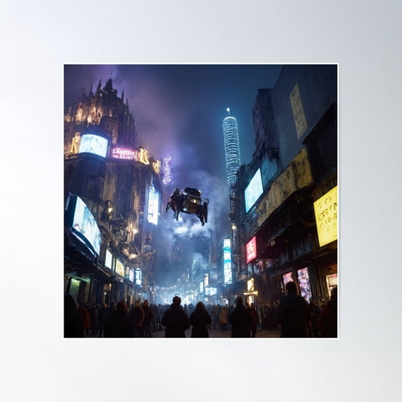 Cyberpunk Skies: Drones Over A Neon City Poster Wall Art, Modern Wall Decor, 30x30 UNFRAMED
