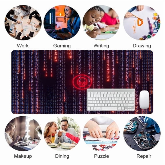 Cyberpunk Matrix Skull Mouse Pad 31.5x11.82 inches Rubber Desk Mat with Glowing Japanese Text Design for Gaming and Office Use