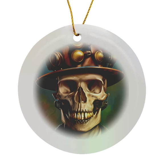 3drose, Cyberpunk, Steampunk Fantastic Skull in Metal Helmet. Cool Modern Art, Circle Porcelain Ornament