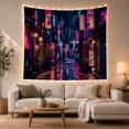 thumbnail image 1 of Cyberpunk Street at Night with Reflective Pavement, Moody Digital Art for Sci-Fi Fans, Futuristic Wall Decor, Birthday Gift, Tapestry Wall Hanging for Gaming Room and Dorm, 1 of 7