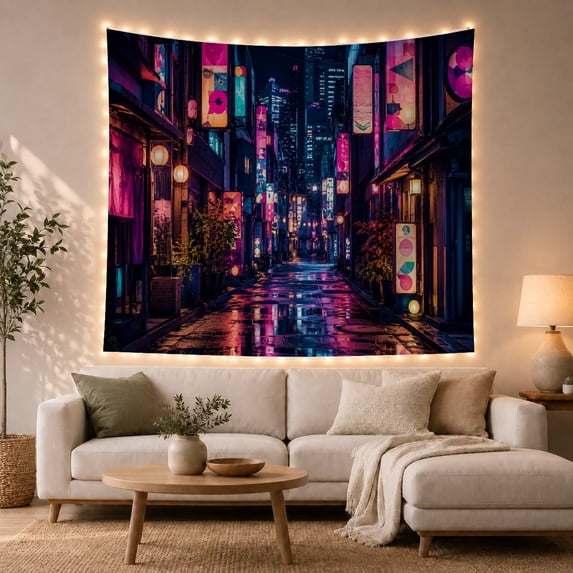 Cyberpunk Street at Night with Reflective Pavement, Moody Digital Art for Sci-Fi Fans, Futuristic Wall Decor, Birthday Gift, Tapestry Wall Hanging for Gaming Room and Dorm