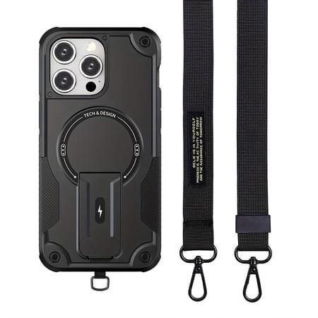 Cyberpunk Style Metal Phone Case for iPhone 12/13/14/15/16 Pro Max & Plus, Heavy Duty Rugged Shockproof Armor Cover with Magnetic Kickstand And Lanyard Drop Protection, Supports Wireless Charging