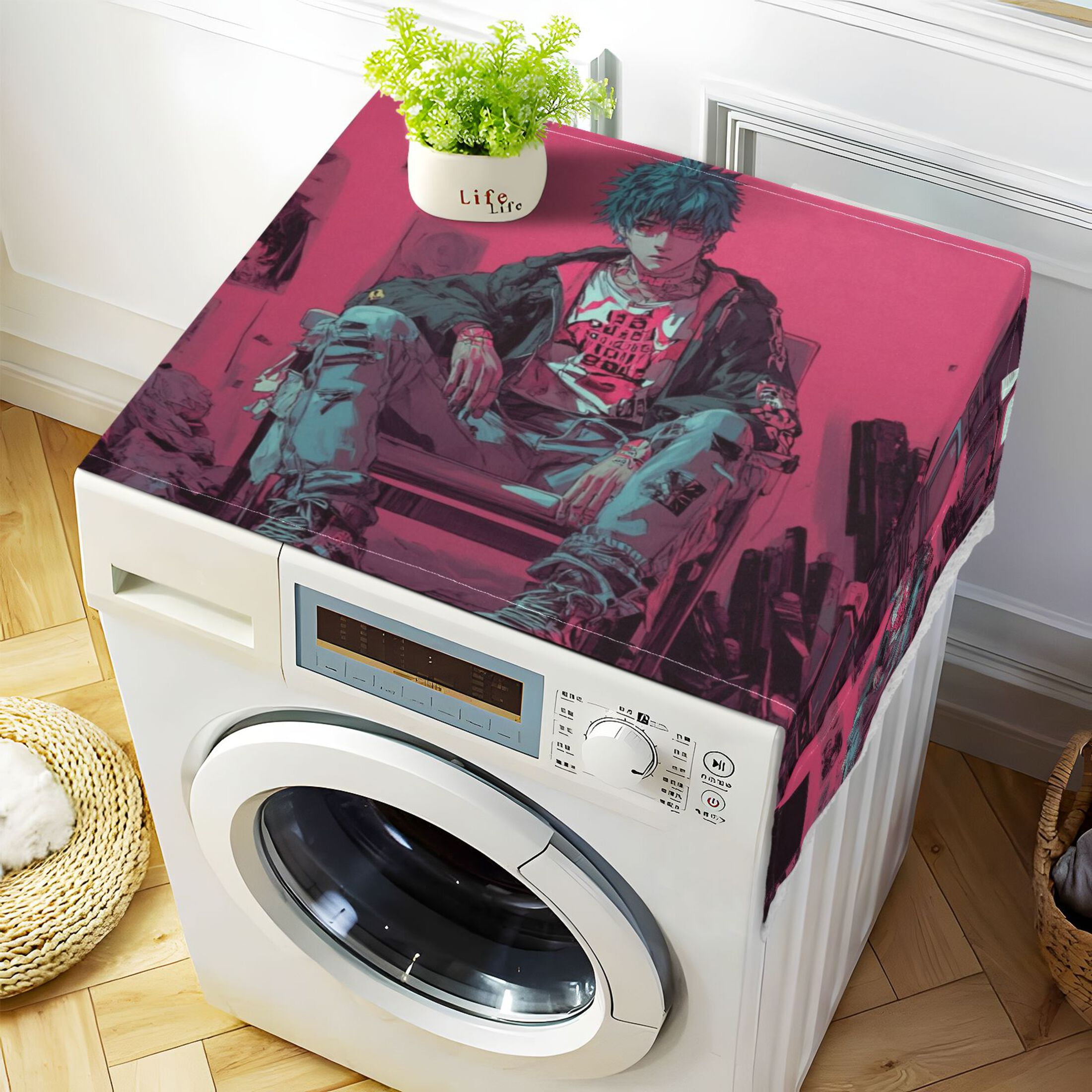 Cyberpunk StyleWasher and Dryer Covers Dust-Proof and Oil Resistant Fridge Cover with 4 Storage Pockets Washing Machine Top Cover for Laundry Kitchen Home 51.2 x 22 In