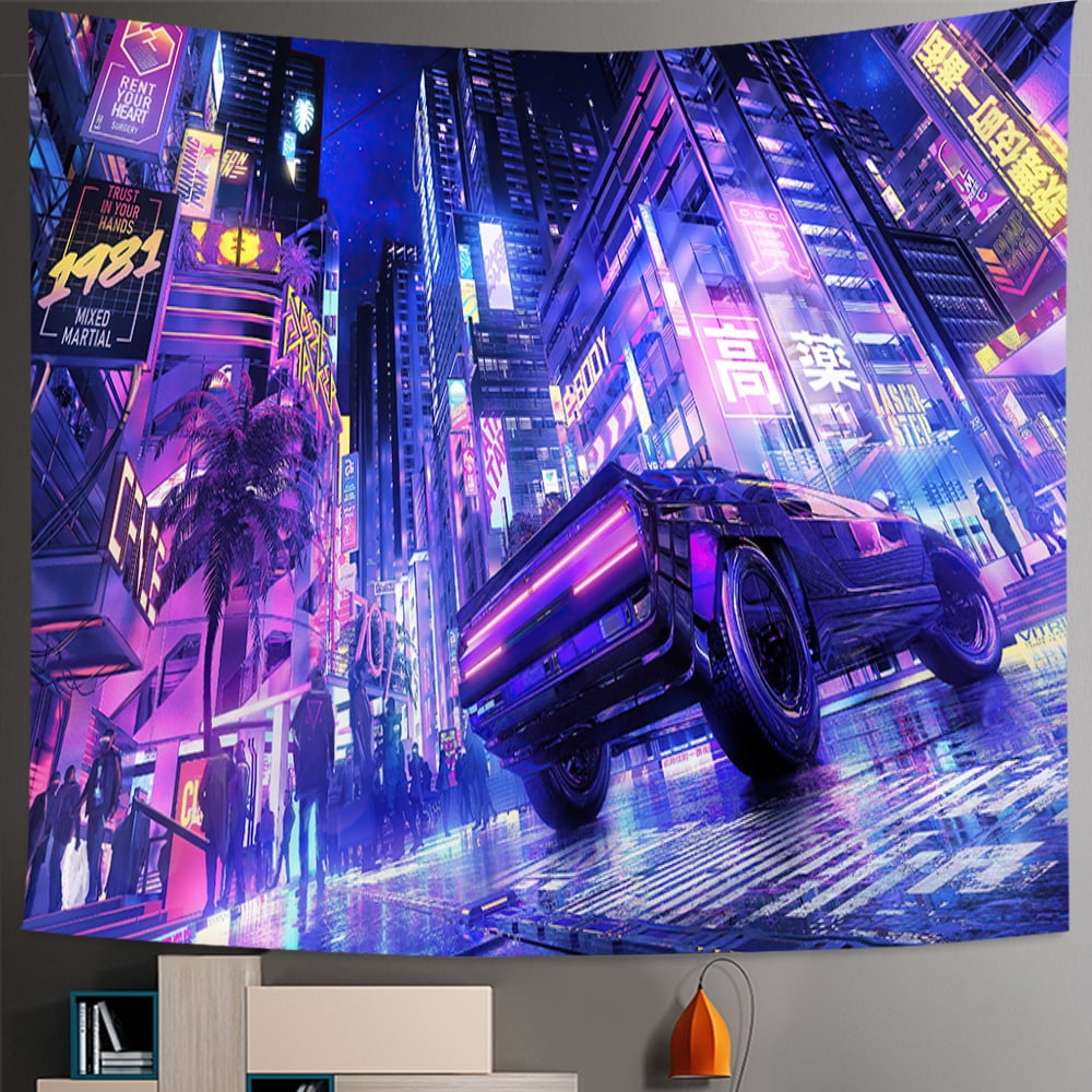 Cyberpunk Tapestry Psychedelic Fantasy Future City Cyberspace Hanging ...