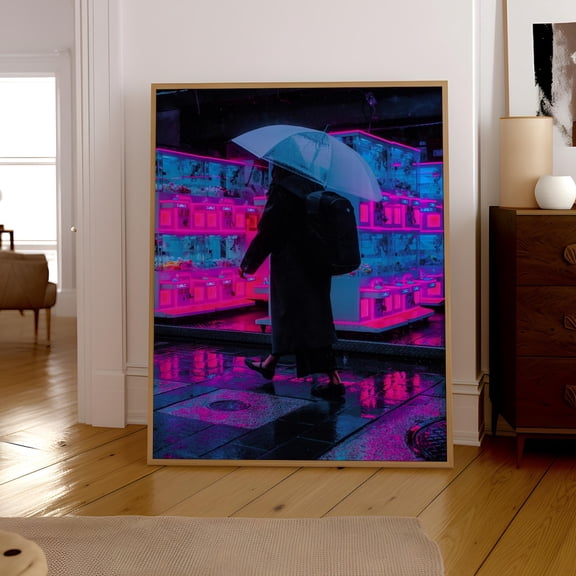 Cyberpunk Wall Art Street Photography Print, Neon Rain, Futuristic Cityscape ( Home Decor #2579, Unframed Poster Size 24x36