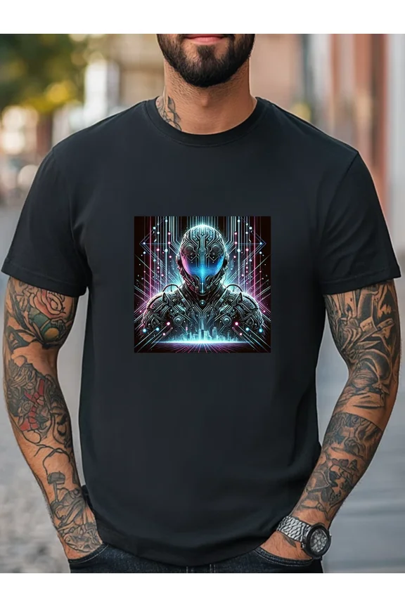 Cyberpunk Warrior Futuristic Neon Tech Robot Streetwear Casual Unisex T-Shirt, up to Size 5XL