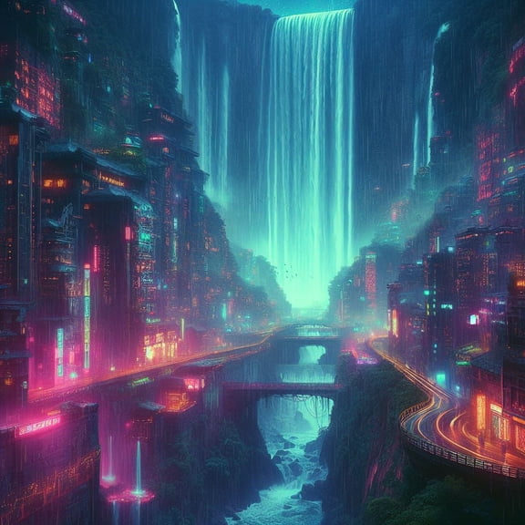 Cyberpunk Waterfall Digital Matte Painting II - 12" x 18" Art Print Wall Decor