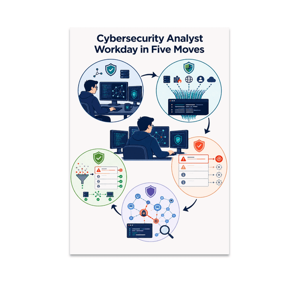 Cybersecurity Analyst Workday in Five Moves - Cybersecurity Professional, 13 x 19 in Glossy Unframed Wall Poster, Vertical