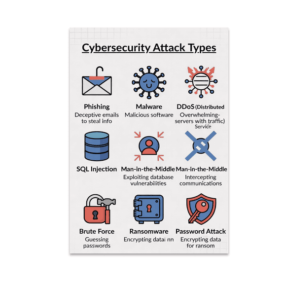 Cybersecurity Attack Types Comparison Chart - Tech Enthusiast - 13x19 Poster Print