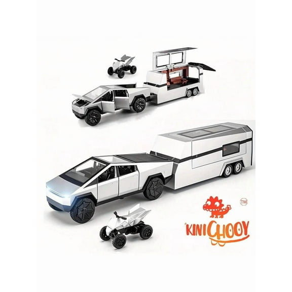 Cybertruck Toy Truck With RV Motorcycle Cyberquad Die-Cast Model Car Pickup Truck 1/32 For Kids Age 3 And Up