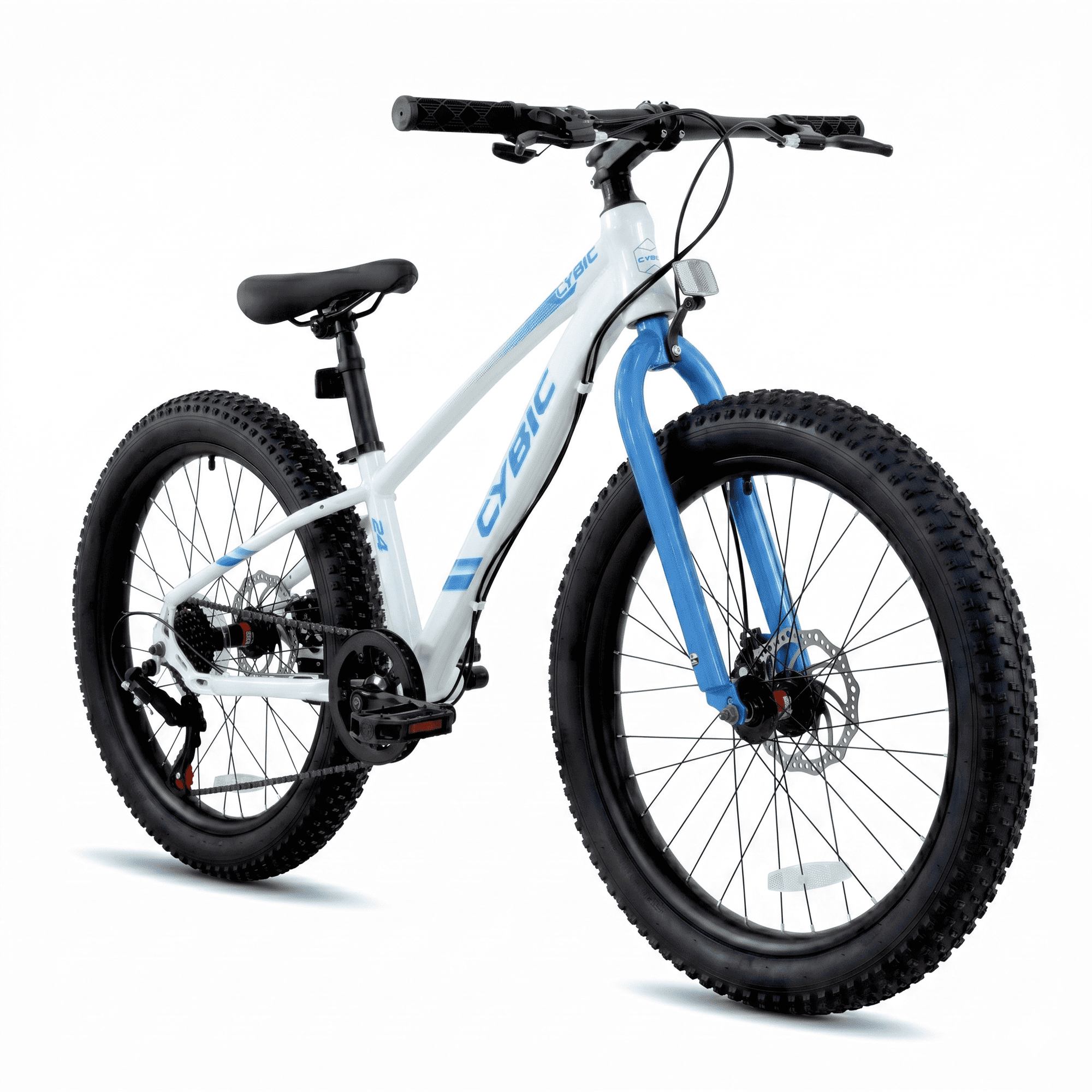 Cybic Fat Tire Mountain Bike 24 inch, 7 Speeds, Double Disc Brake Bicycle, White Blue