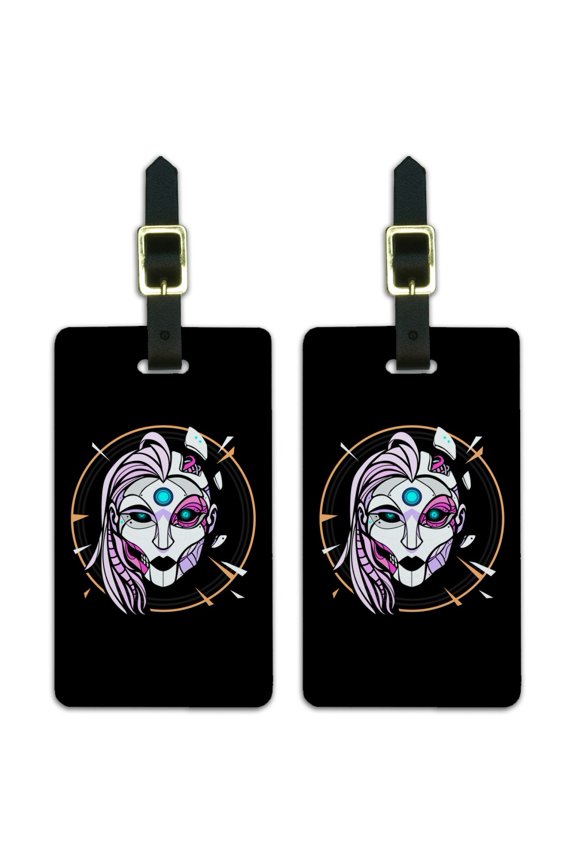 Cyborg Android Robot Science Woman Face Luggage ID Tags Suitcase Carry-On Cards - Set of 2
