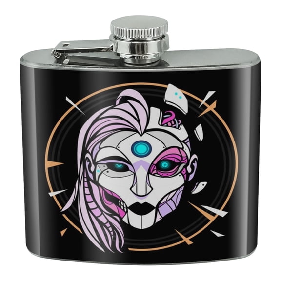 Cyborg Android Robot Science Woman Face Stainless Steel 5oz Hip Drink Kidney Flask