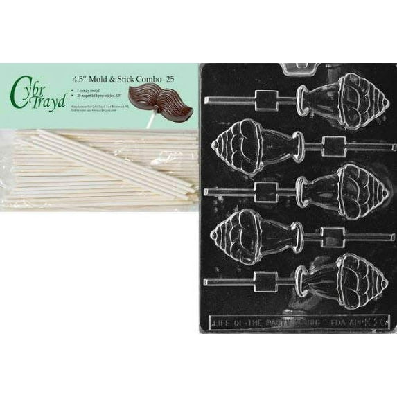 Cybrtrayd 45St25-K026 Ice Cream Sundae Lolly Kids Chocolate Candy Mold with 25 Cybrtrayd 4.5-Inch Lollipop Sticks