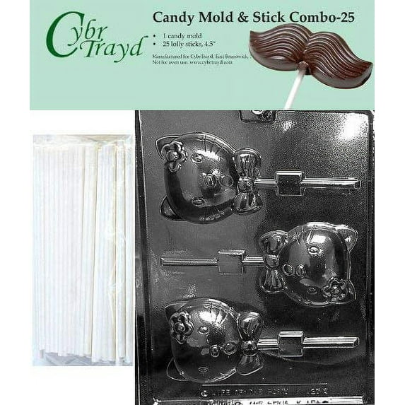 Cybrtrayd 45St25-K127 Kitty Kat Pop Chocolate Candy Mold with 25 Cybrtrayd 4.5 Lollipop Sticks