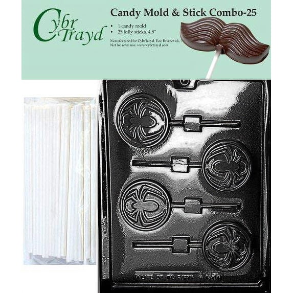 Cybrtrayd 45St25-K130 Spider Pops Chocolate Candy Mold with 25 Cybrtrayd 4.5 Lollipop Sticks