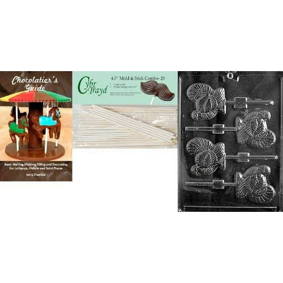 Cybrtrayd 45St25Bk-T010 'Turkey Lolly' Thanksgiving Chocolate Candy Mold with 25 4.5-Inch Lollipop Sticks and Chocolatier's Guide