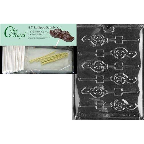 Cybrtrayd 45StK50-J004 G-Clef Lolly Chocolate Candy Mold with Lollipop Supply Kit, Includes 50 4.5-Inch Lollipop Sticks, 50 Cello Bags and 50 Metallic Twist Ties