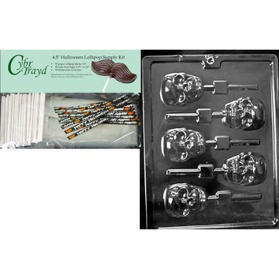 Cybrtrayd 45StK50H-H121 Scary Skull Lolly Halloween Chocolate Mold with Lollipop Supply Kit